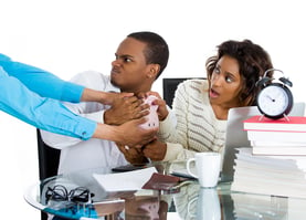 Closeup portrait of anxious shocked, stressed worried young couple, man, woman holding piggy bank, looking scared, protecting savings from being stolen, isolated on white background. Negative emotions